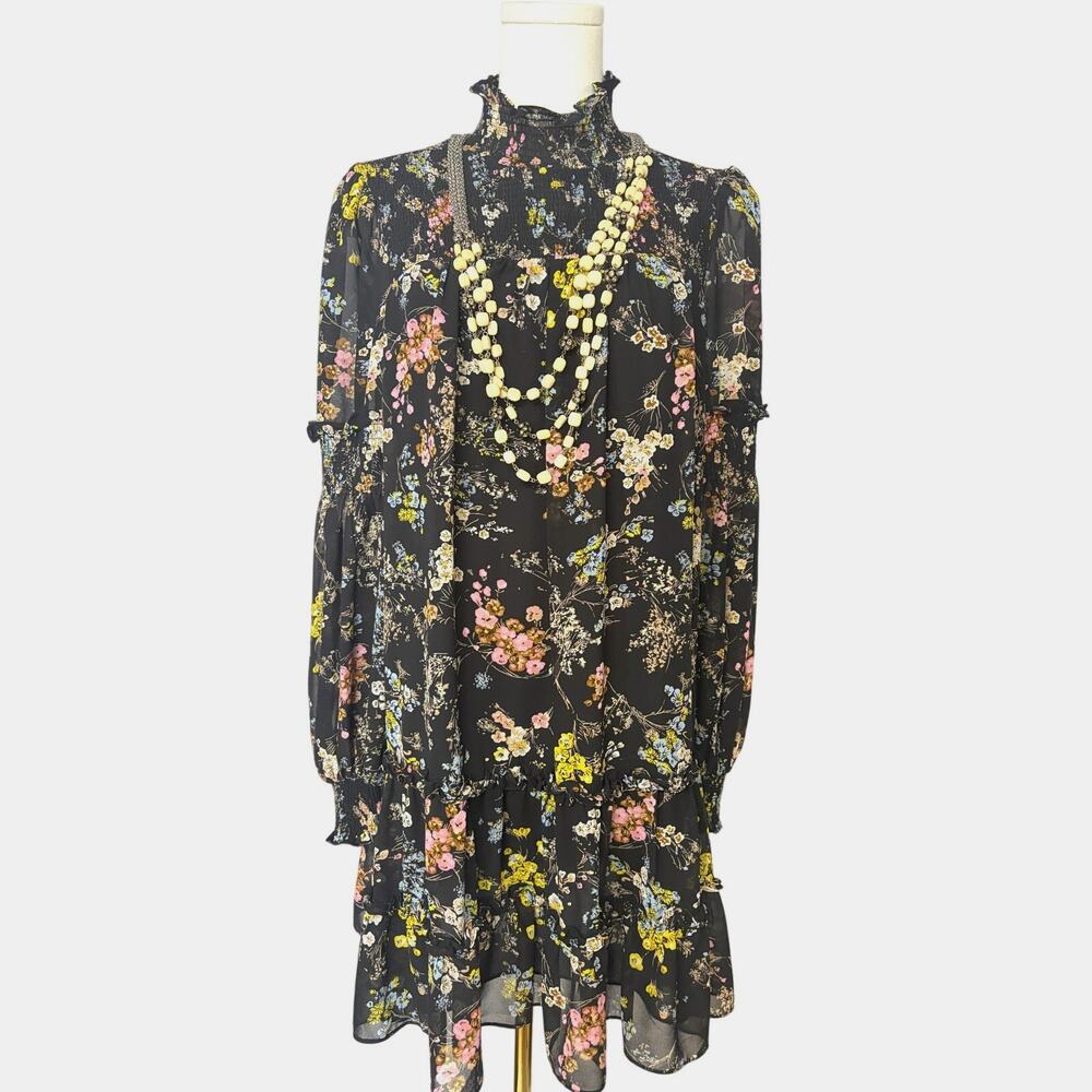 Cinq à Sept Black Floral Smocked Mini Dress Size 8 Romantic Ruffle Mock Neck - Picture 2 of 10